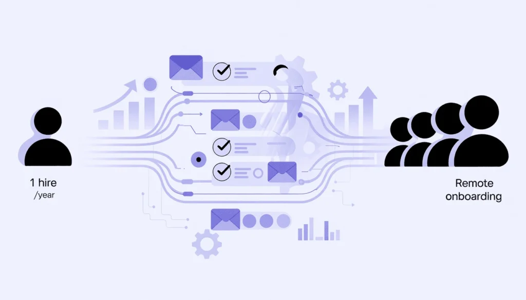 Illustration depicting the scaling of remote onboarding from single hires to multiple simultaneous hires through automated workflows, featuring email sequences, checkbox systems, and progress tracking elements connected by purple automation pathways